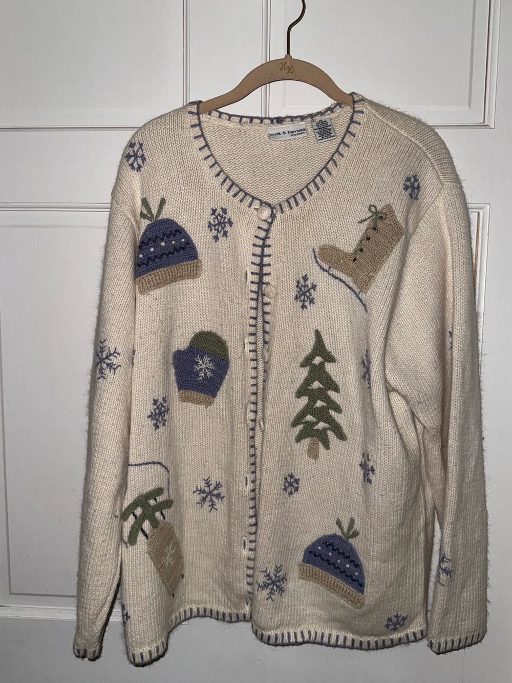 croft & barrow Cream Holiday Appliqué Cardigan with Blue and Green Accents